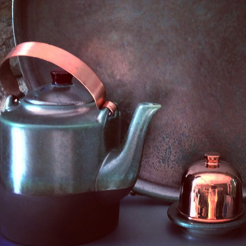 Tea Set TURQUOISE/SILVER (1 TeaPot, 2 Cups, 1 Tray, ! Sugar Bowl w/Copper Lid)