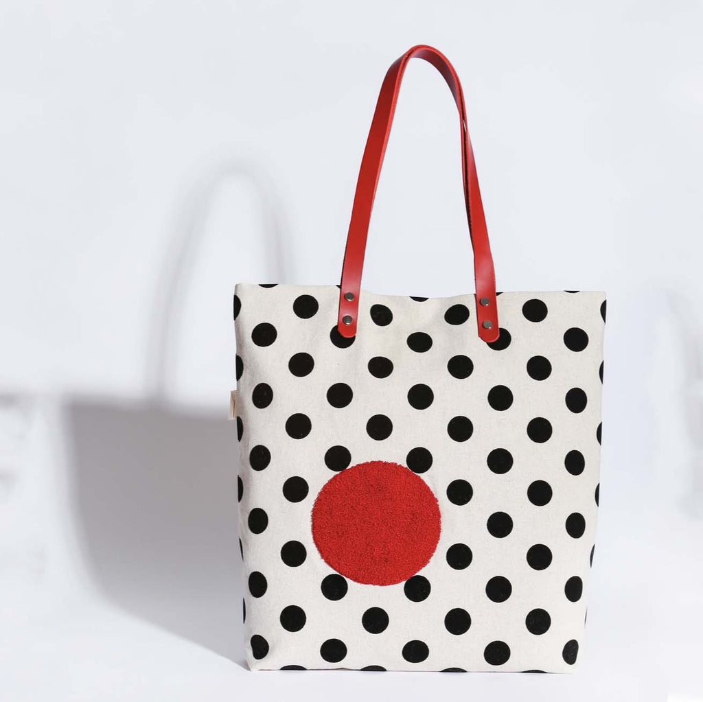 CREAM w/BLACK DOTS with RED DOT EMBROIDERY Tote Bag