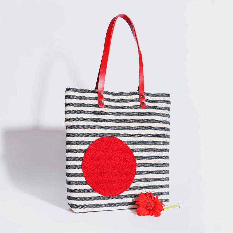 CREAM/BLACK STRIPES with RED DOT EMBROIDERY Tote Bag