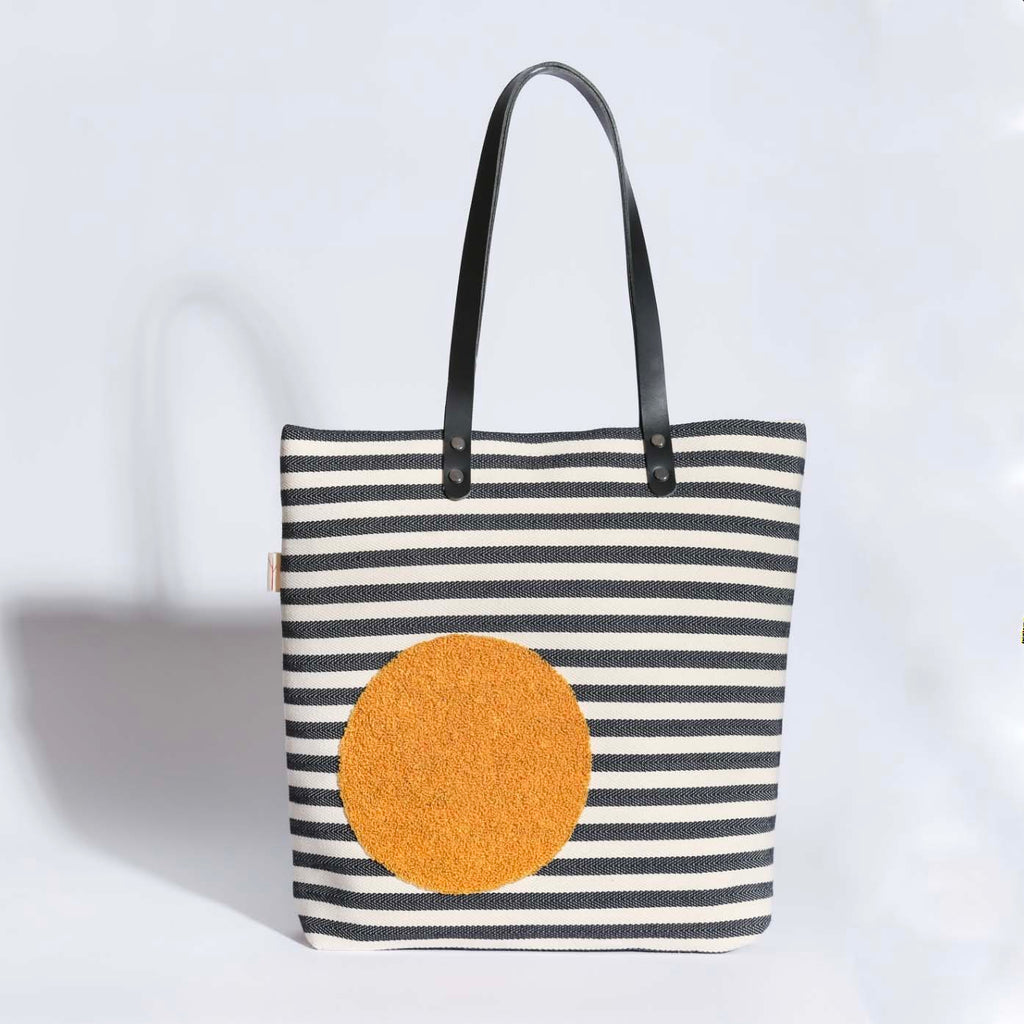 CREAM/BLACK STRIPES with YELLOW DOT EMBROIDERY Tote Bag