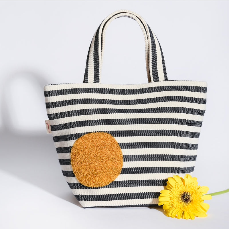 CREAM/BLACK STRIPES with YELLOW DOT EMBROIDERY (Self Fabric Straps) Tote Bag
