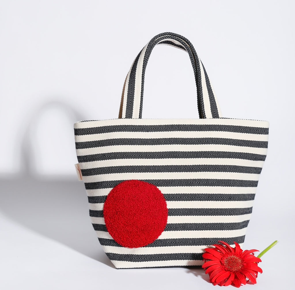 CREAM/BLACK STRIPES with RED DOT EMBROIDERY (Self Fabric Straps) Tote Bag