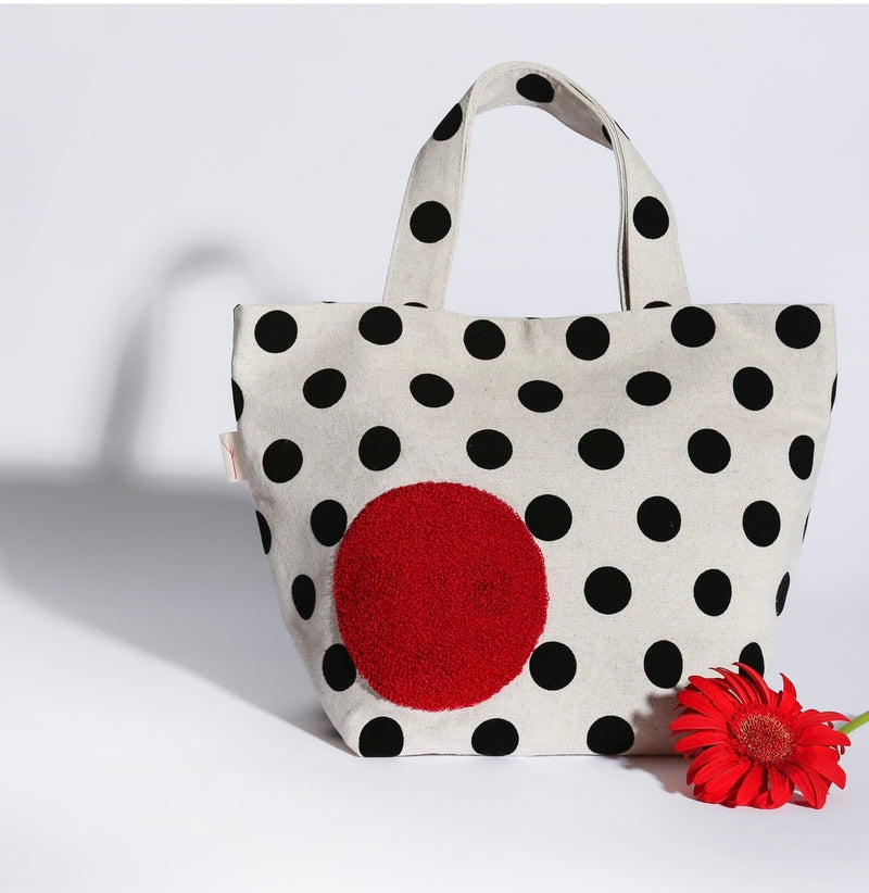 CREAM w/BLACK DOTS with RED DOT EMBROIDERY (Self Fabric Straps) Tote Bag