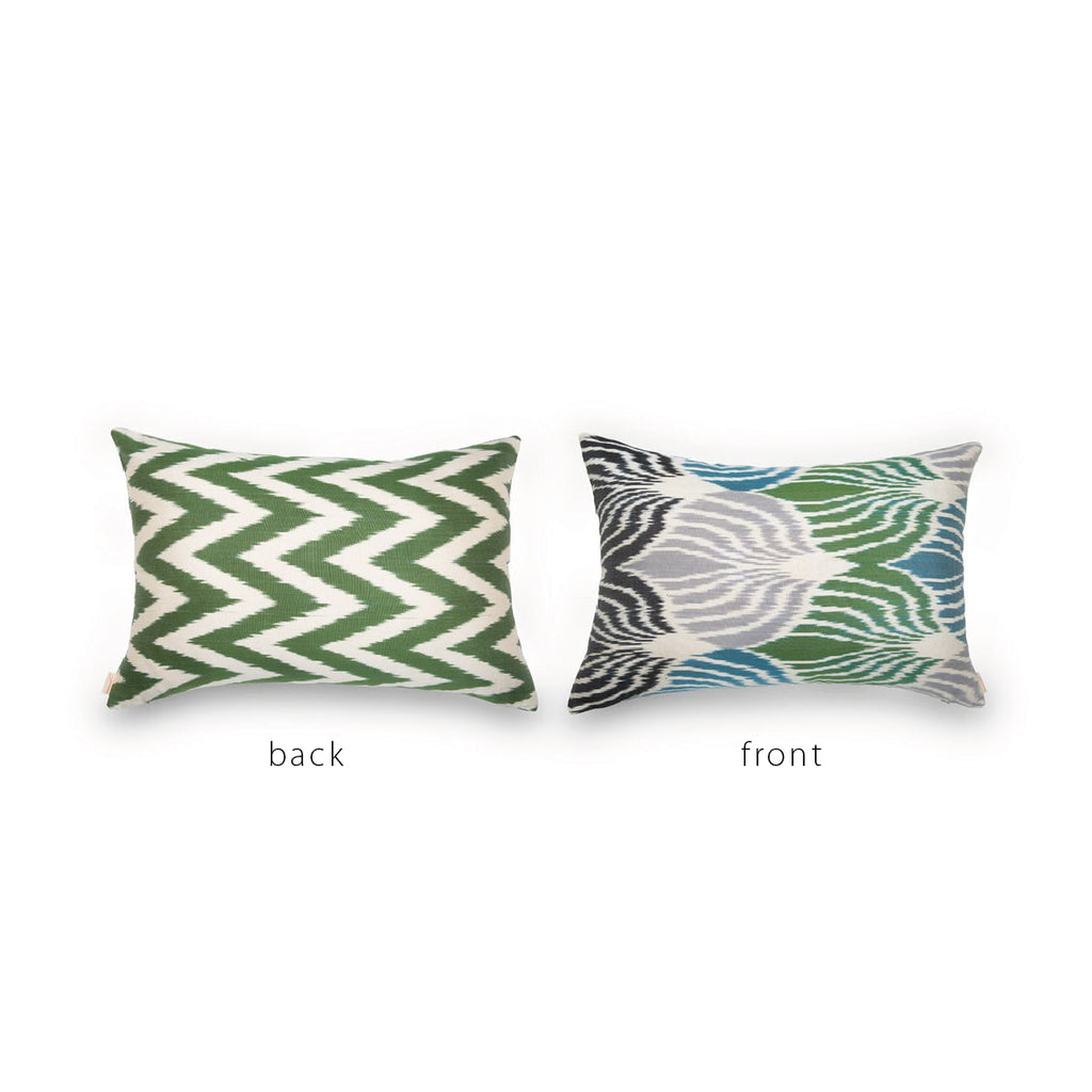 GREEN/CREAM/GRAY/BLUE/BLACK IKAT Pillow